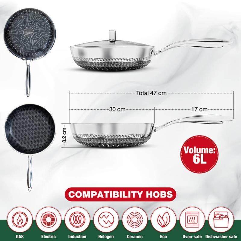 Stainless Steel Deep Frying Pan with Lid - 6 Liter